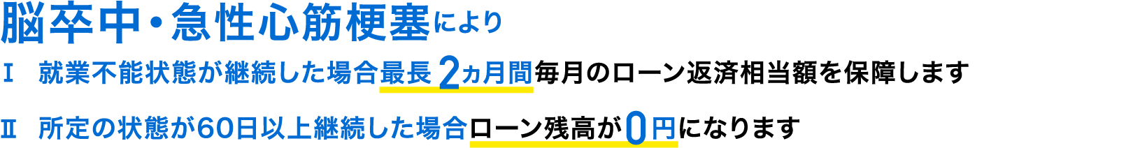 脳卒中・急性心筋梗塞により就業不能状態が継続した場合、最長2ヵ月間毎月のローン返済相当額を保障します。所定の状態が60日以上継続した場合、ローン残高が0円になります。